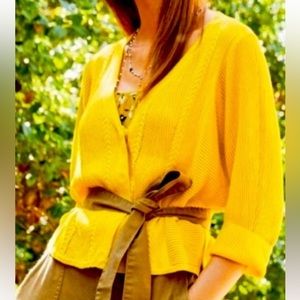 Cabi Sunny Cable Knit Ribbed Yellow Cotton Blend Cardigan Sz M